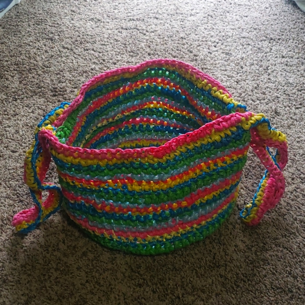 Handmade Crocheted Rainbow Basket with handle made from Bailing twine
